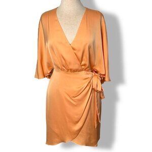 RAMY BROOK Alexis Satin Mini Wrap Dress Womens Sz 0 Peach Cape Sleeve V Neck